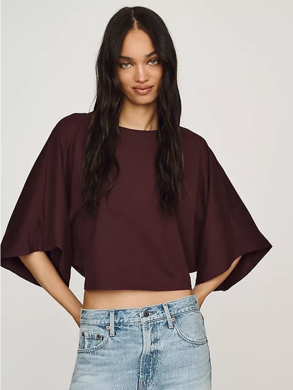 Pilcro Burgundy Cotton Dolman Sleeve Cropped Poncho Crewneck Tee Size Large